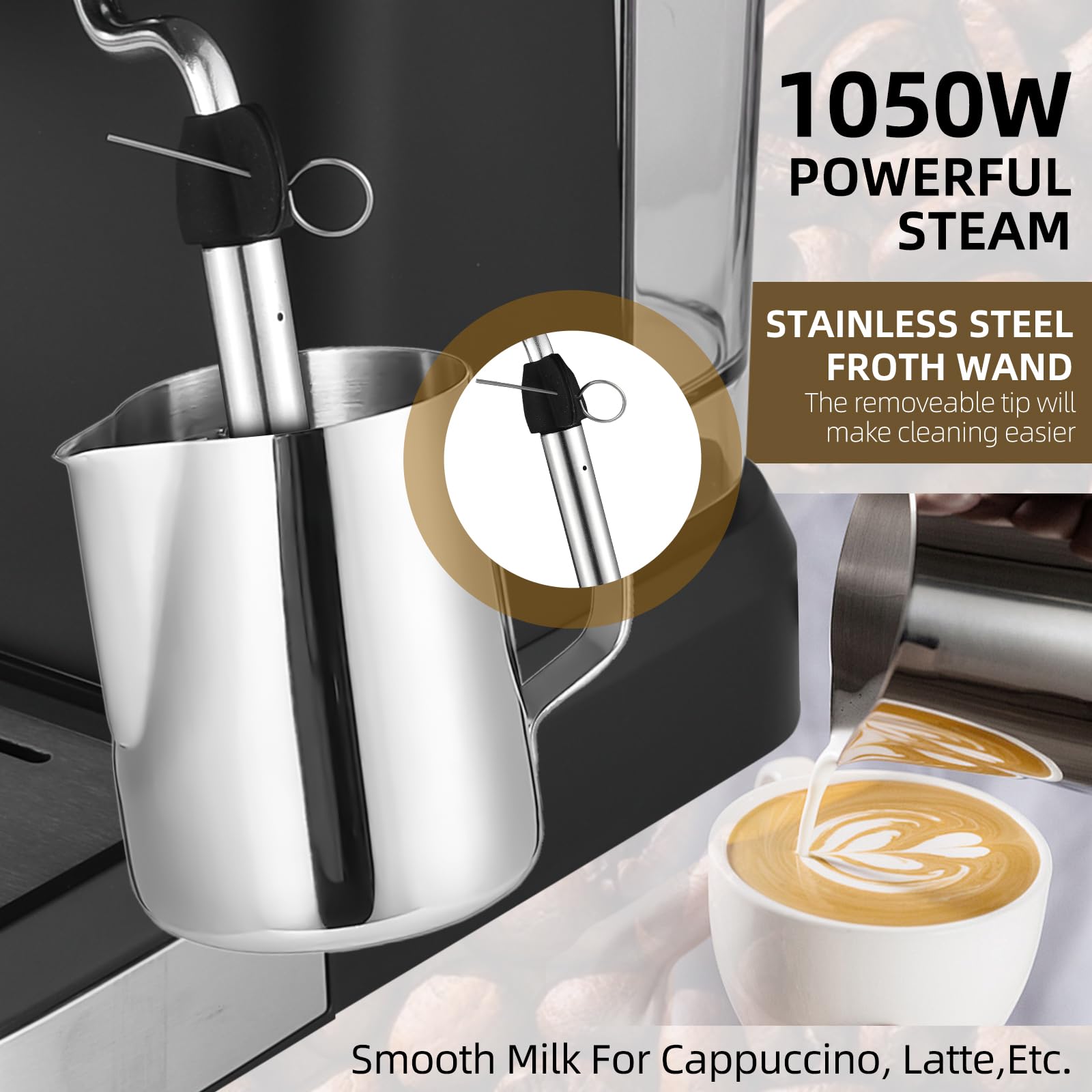 Feiniao 15Bar Máquina de Espresso Cafetera semiautomática multifunción de 1050W con vaporizador de leche, depósito de agua de 1.5L, Semi Cafetera Automatica para Capuchino, Latte y Macchiato