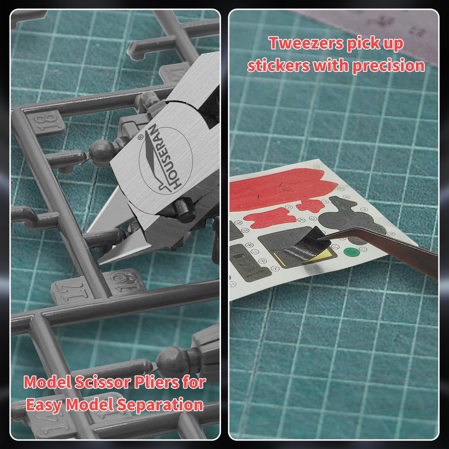 HOUSERAN Juego de Pinzas de Precisión 4.52" para Modelismo – Kit de Herramientas para Modelos de Plástico, Gundam y Miniaturas, 9 Piezas
