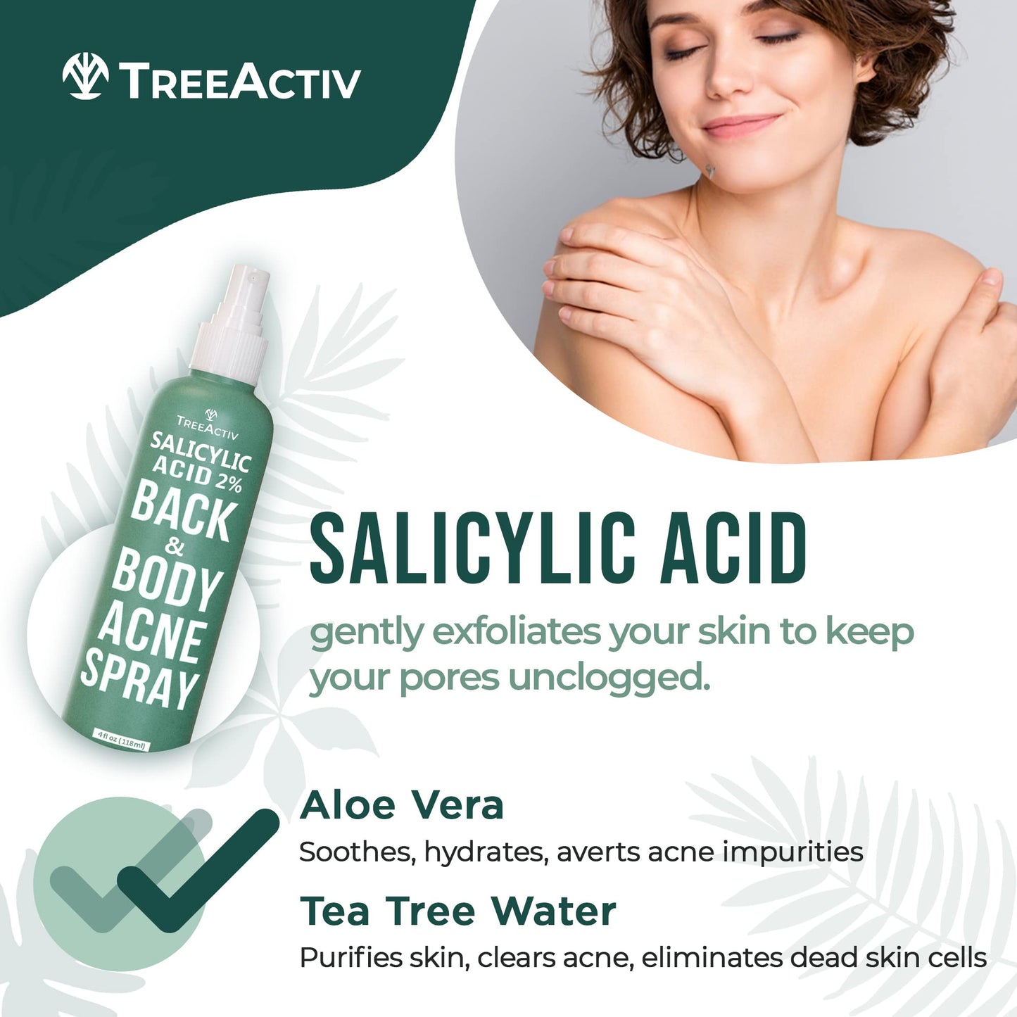 Spray de Ácido Salicílico TreeActiv para Espalda y Cuerpo Solución Eficaz Corporal en Mujeres y Hombres Fórmula de Secado Rápido con Aceite de Árbol de Té, 2 Frascos de 120ml