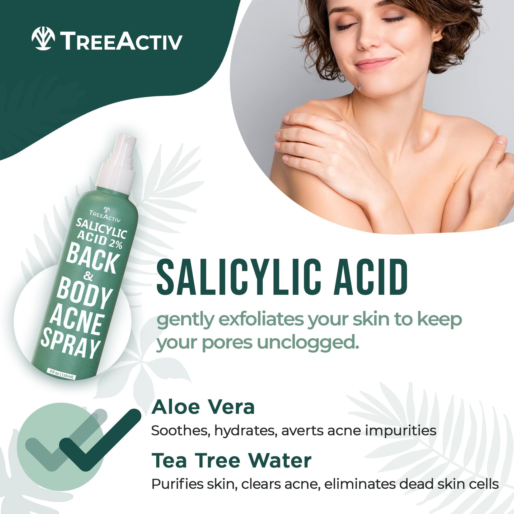 Spray de Ácido Salicílico TreeActiv para Espalda y Cuerpo Solución Eficaz Corporal en Mujeres y Hombres Fórmula de Secado Rápido con Aceite de Árbol de Té, 2 Frascos de 120ml