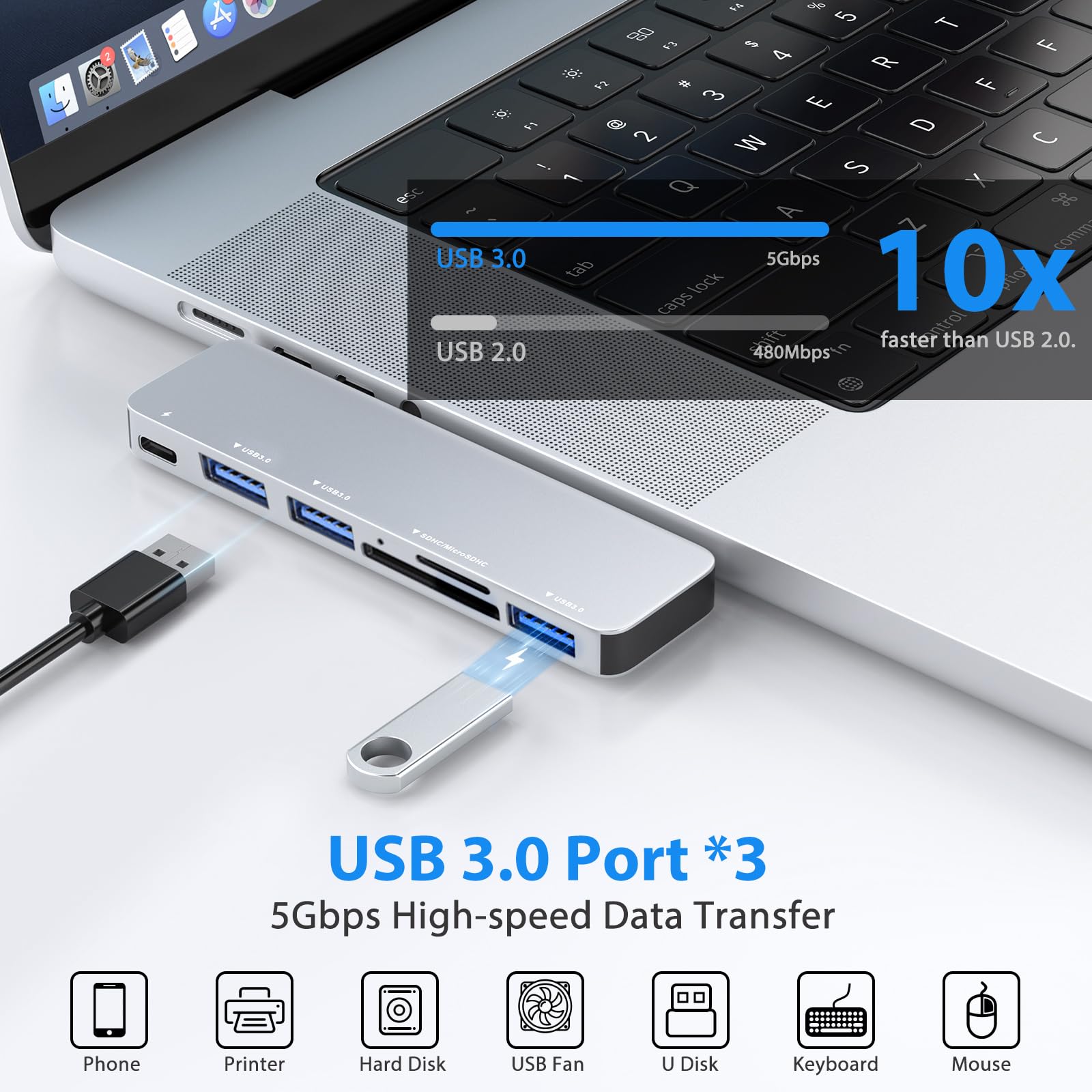 Hertekdo Hub USB C, 6en1 Tipo C Hub Adaptador Multipuerto USB C, 3 USB3.0, Multifuncional Tipo C, Lector Tarjeta SD/TF, USB C Hub Compatible con MacBook, MacBook Pro, MacBook Air, Plug-and-Play