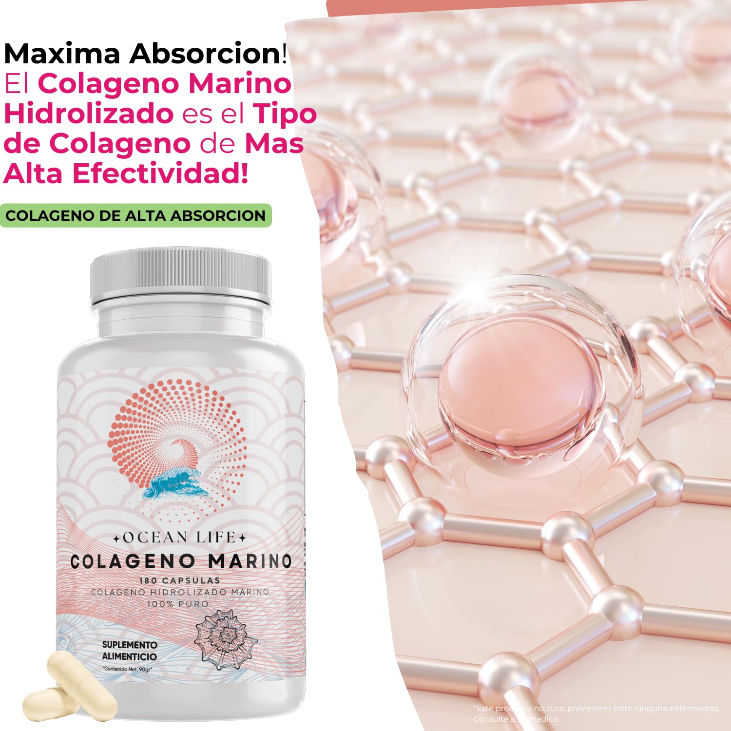 Colageno Marino Hidrolizado 100% Puro [Extremadamente Eficaz] 180 Capsulas 500mg (Potente Efecto Hidratante y Revitalizante) - Alta Absorcion - Eficaz Formulacion - OceanLife