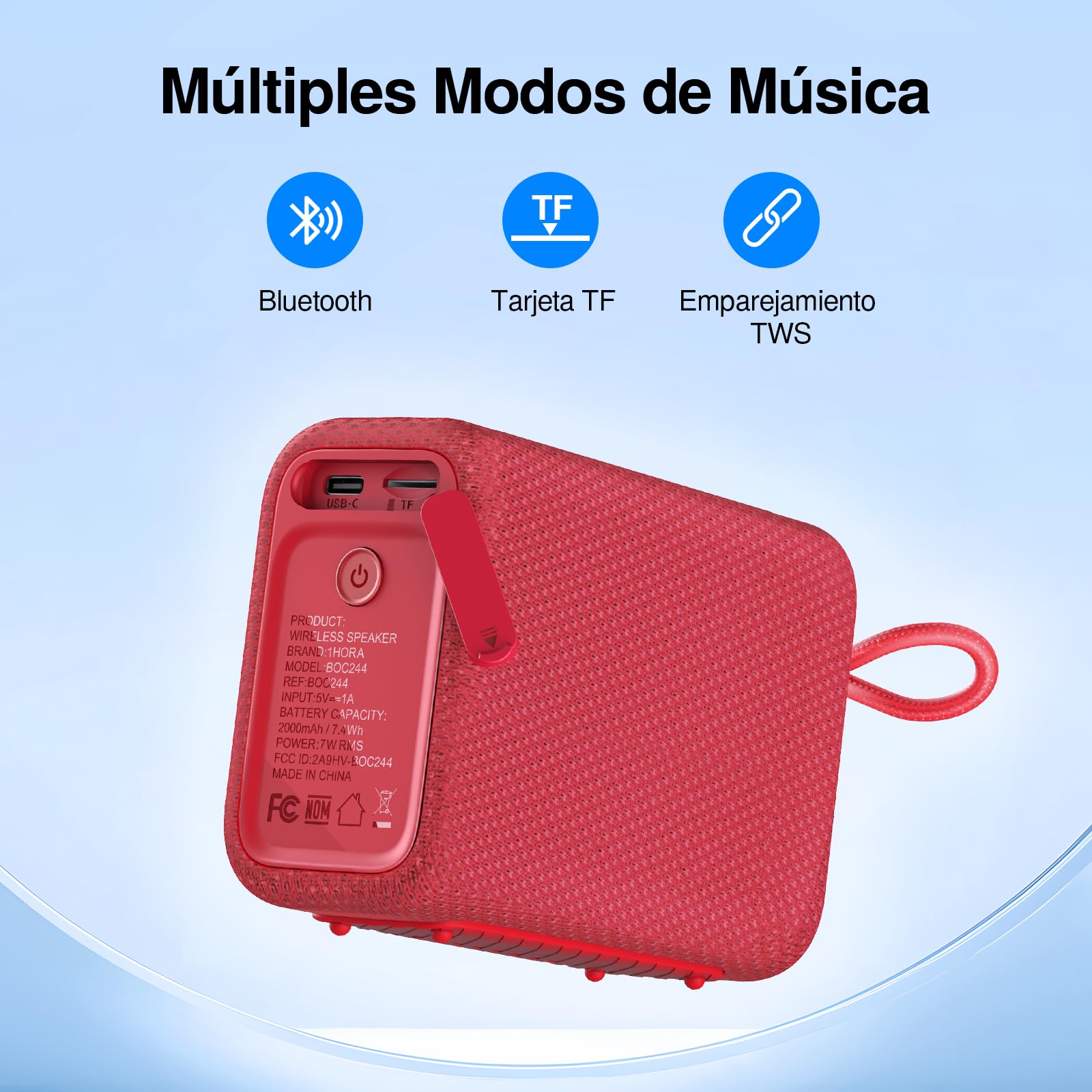 Bocina Bluetooth 7W Rojo con Sonido Estéreo TWS y USB C para Exteriores y Viajes