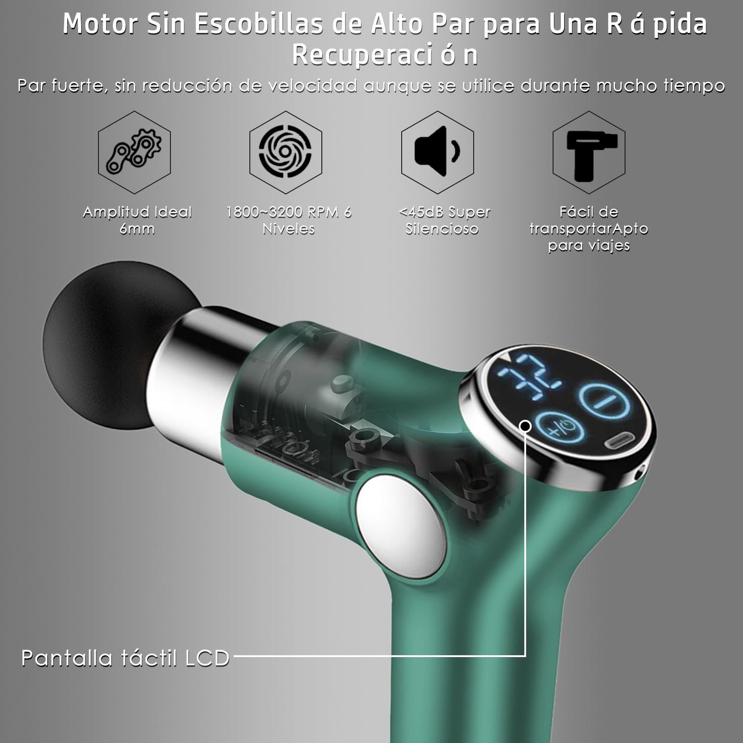 Pistola de Masaje Handheld,Mini Massage Gun Masajeador Muscular Eléctrico,con 8 Cabezales y 32 Niveles Ajustables,Máquina de Masaje Espalda Recargable,Súper Silencioso y con Pantalla Lcd,Verde