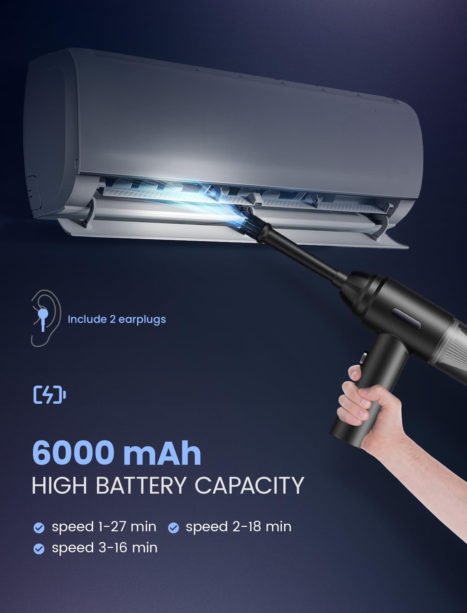 Aspirador de Aire Comprimido Inalámbrico y Aspirador de Coche 2 en 1, 10000 Pa, 80000RPM, Batería 6000mAh Soplador Inalámbrico, 3 Velocidades,USB Recargable Limpiador de Teclado y Ordenador