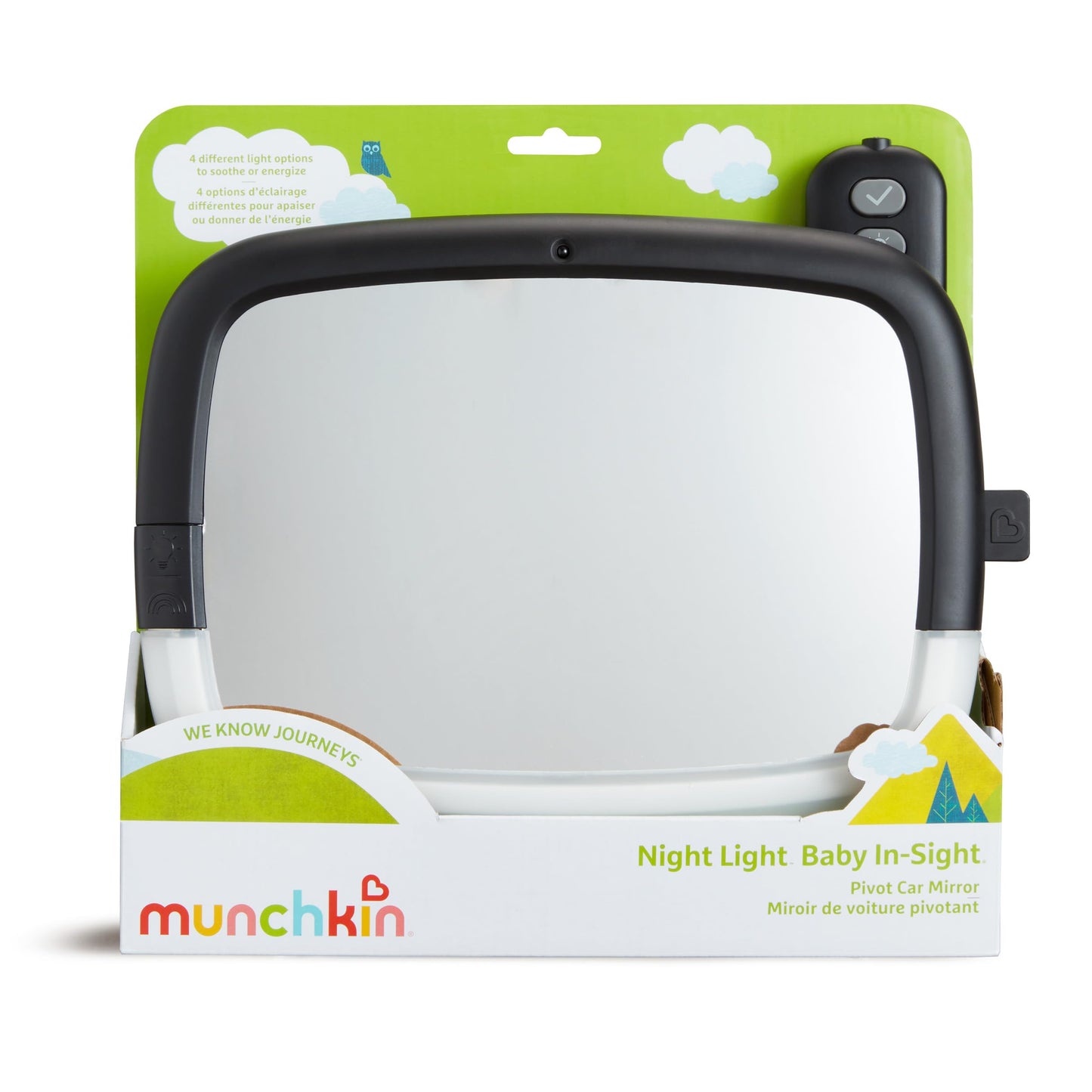 Munchkin - Espejo de coche para bebé orientado hacia atrás para asientos de coche, luz nocturna LED Pivot 360, espejo automático ajustable para bebé, color negro