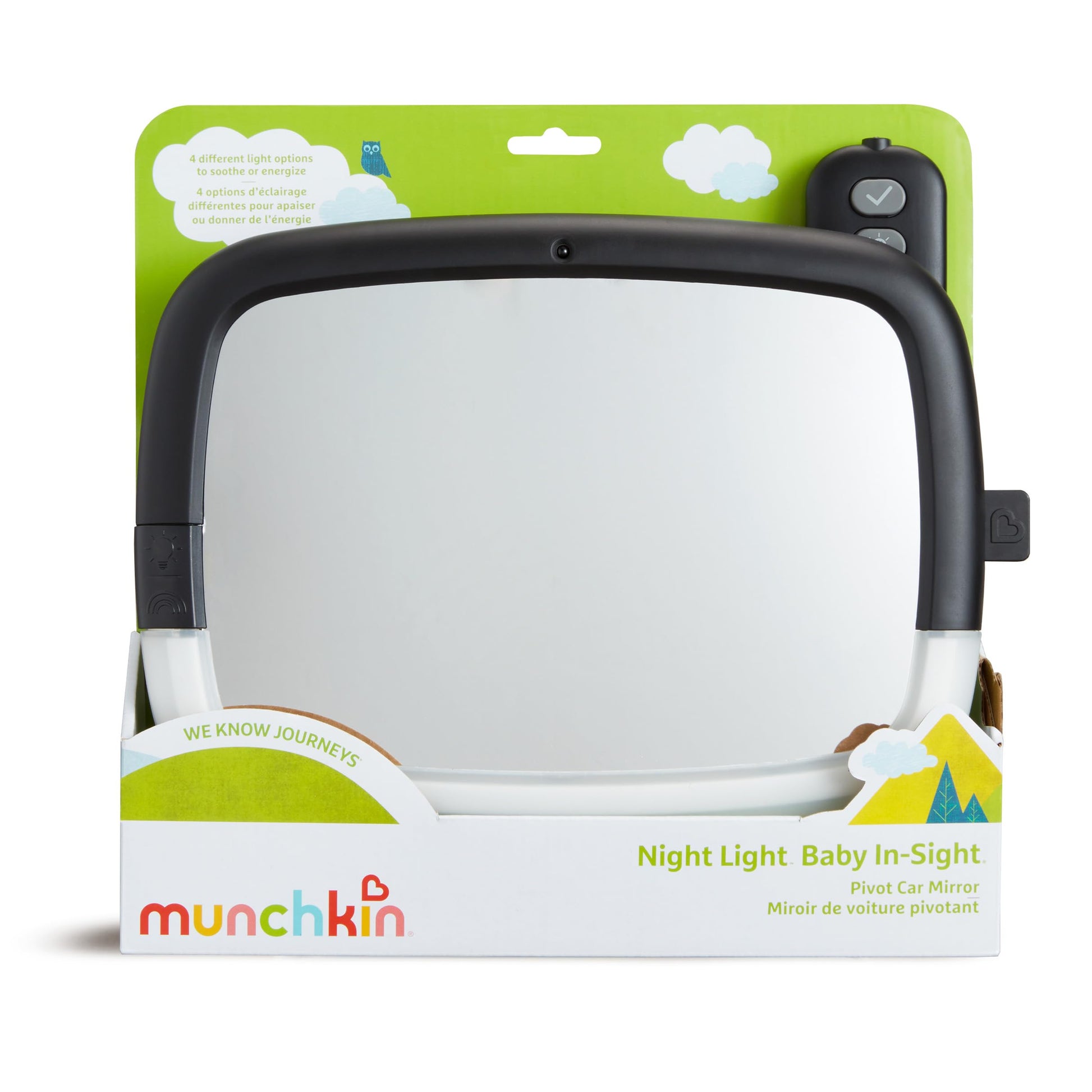 Munchkin - Espejo de coche para bebé orientado hacia atrás para asientos de coche, luz nocturna LED Pivot 360, espejo automático ajustable para bebé, color negro