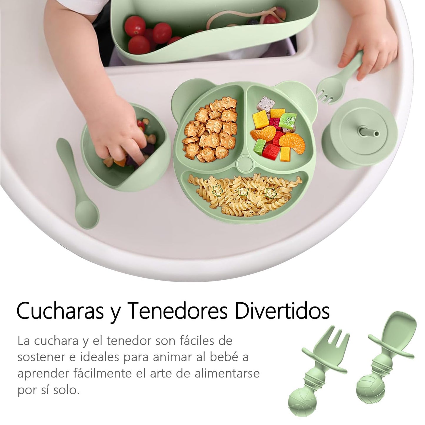 ALIYU Platos para Bebe Silicon 8PCS, Kit Alimentación Complementaria Bebe, Plato para bebe con ventosa, Baberos de silicona para bebe, Sin BPA, Fácil de limpiar, Vajilla bebe silicona (Verde)