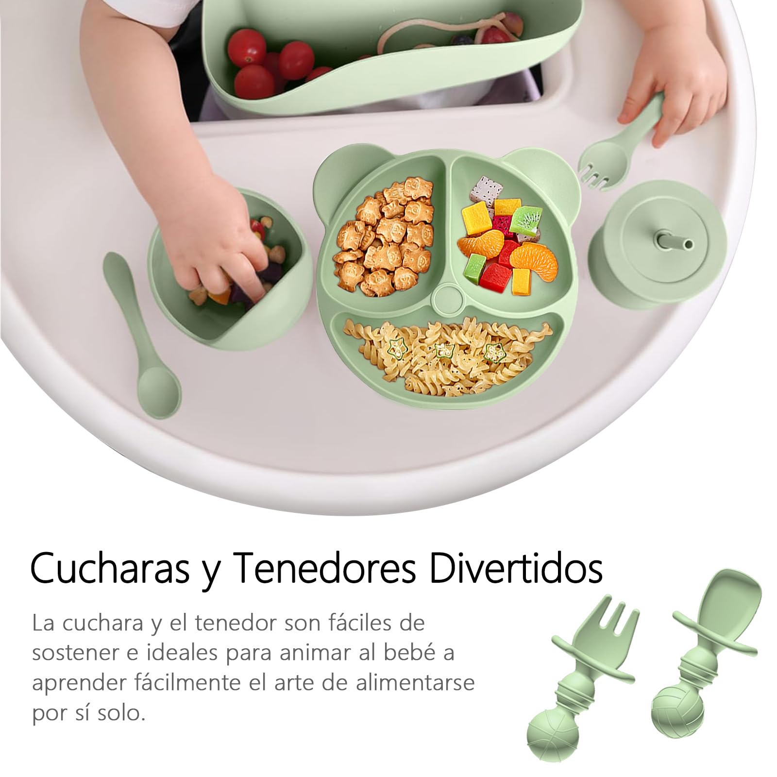 ALIYU Platos para Bebe Silicon 8PCS, Kit Alimentación Complementaria Bebe, Plato para bebe con ventosa, Baberos de silicona para bebe, Sin BPA, Fácil de limpiar, Vajilla bebe silicona (Verde)