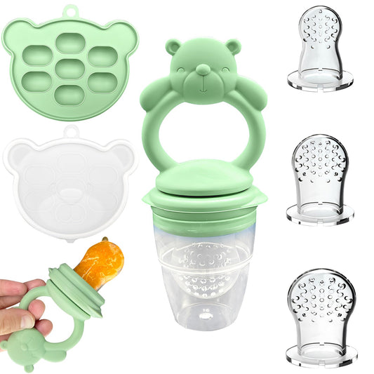 EHRHDKNS Bandeja Congeladora de Alimentos para Bebés Sin BPA, Adecuado para la Introducción Segura de Alimentos, Fruta y Papillas a Partir de los 4 Meses, Fortalece los Dientes del Bebé y le Ayuda a Comer Sano (Verde, Oso)