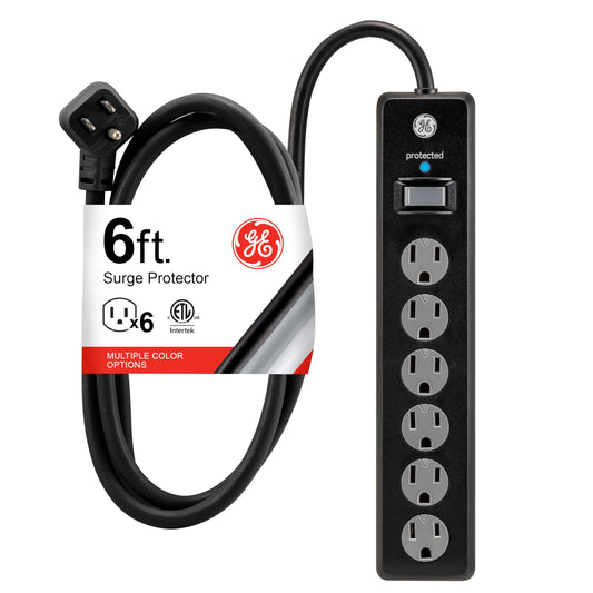 GE Tira Multicontactos De 6 Salidas con Supresor De Picos Y Enchufe Plano, Protector de Sobretensión, Cable De Extensión De 1.8 Metros (6 Pies), 800 Julios, Negro, 1 Unidad, 33661