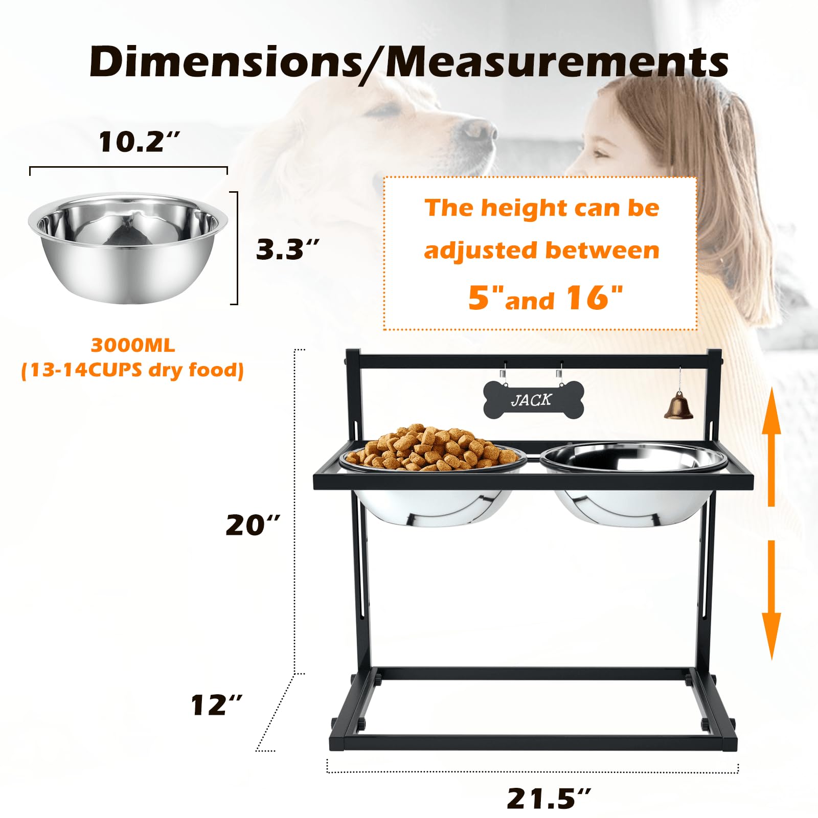 Cuencos elevados para perros grandes y soporte elevado para cuencos de perro de gran tamaño con dos cuencos de acero inoxidable de 3000 ml, soporte elevado de metal para alimentos para perros
