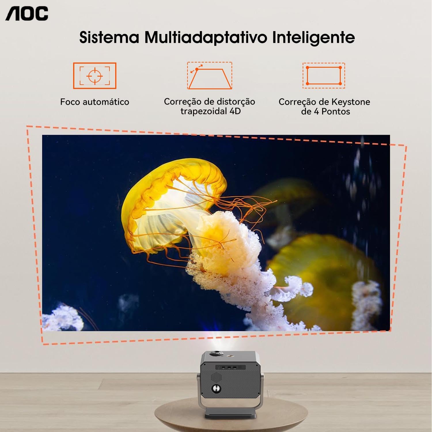 AOC Proyector 4K portátil Full HD, Enfoque automático/correção Keystone/ângulo ajustável, com WiFi6 e Bluetooth, 15000 lúmens, compatível com IOS/Android/PC/PS4/PS5 para trabalho e jogos