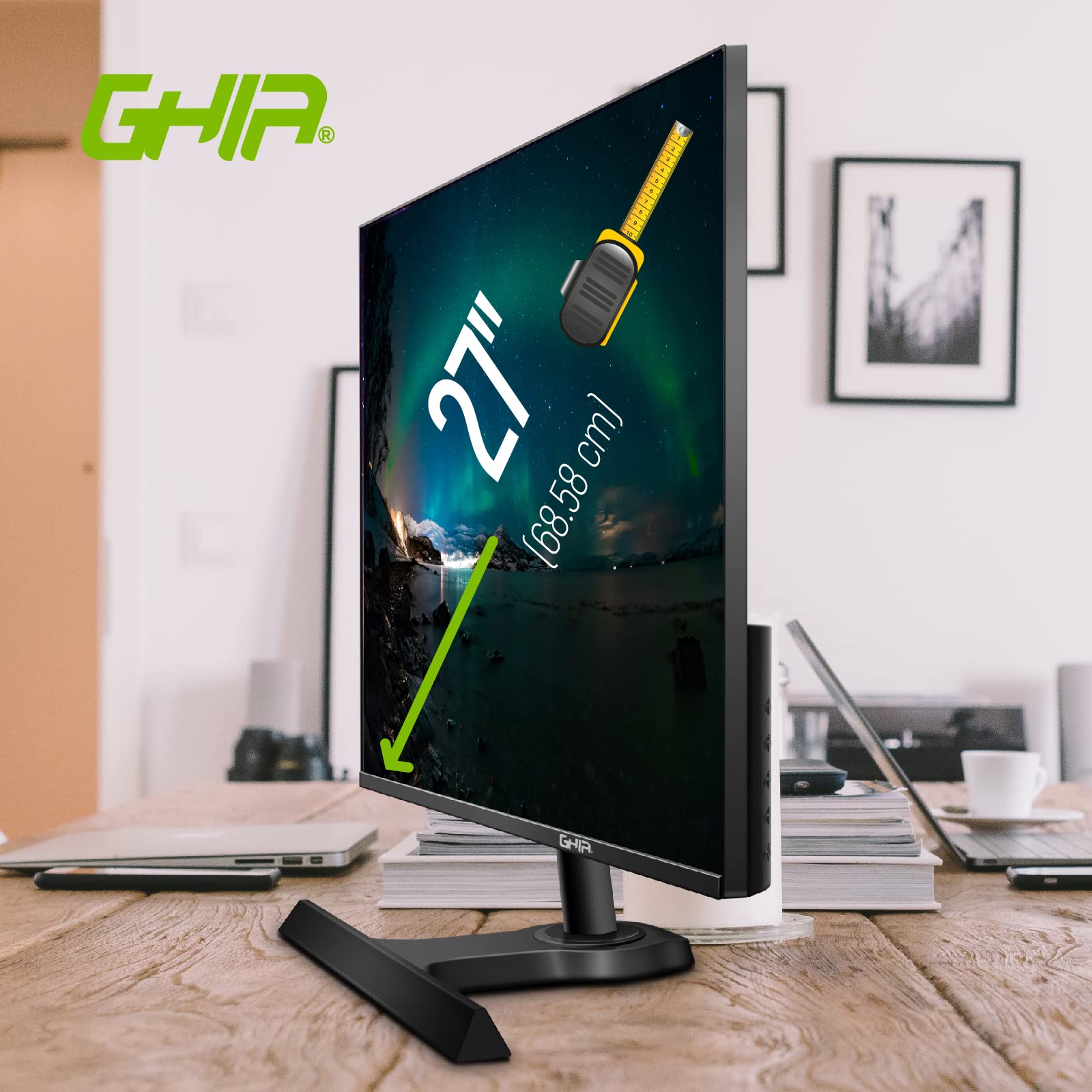 GHIA Monitor LED MG2721. Panel VA de 27" Pulgadas (68.58cm), Bisel ultradelgado,Full HD 1920 x 1080, 75 Hz, 5 ms, Conexiones HDMI y VGA, Bocinas integradas.