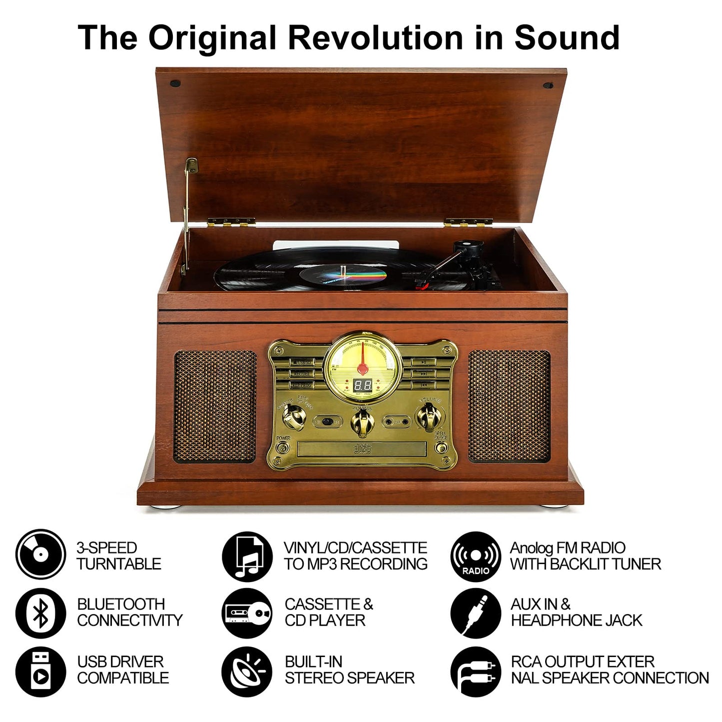 Kedok Tocadiscos Bluetooth de Vinilo con Altavoces estéreo, Convertidor de Vinilo LP a MP3 con CD, Reproductor de Casete,Radio FM,Entrada Auxiliar y Tomas de Auriculares