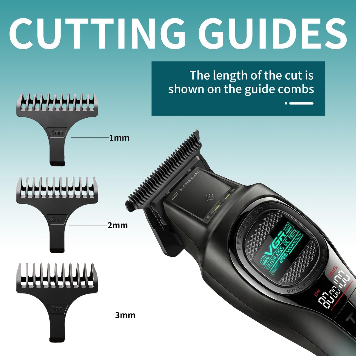 VGR 888T - Cortapelos inalámbrico para hombre, profesional Turbo 8000 RPM con hoja de carbono DLC, pantalla LED, base de carga USB, kit de corte de barba y cabello recargable con peine guía, (verde)