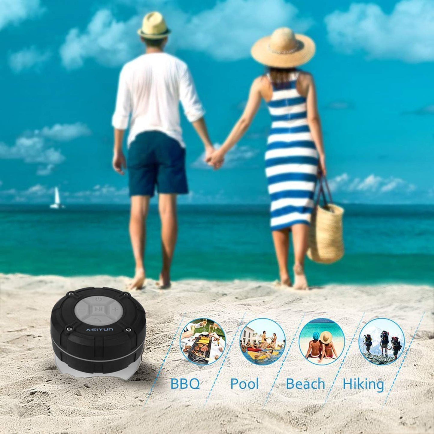 ASIYUN Shower Speaker, IPX7 Waterproof Bluetooth Speaker, Loud HD Sound, Portable Wireless Speaker with Suction Cup & Sturdy Hook, Built-in Mic, for Shower, Pool, Beach, Outdoor(Gray)