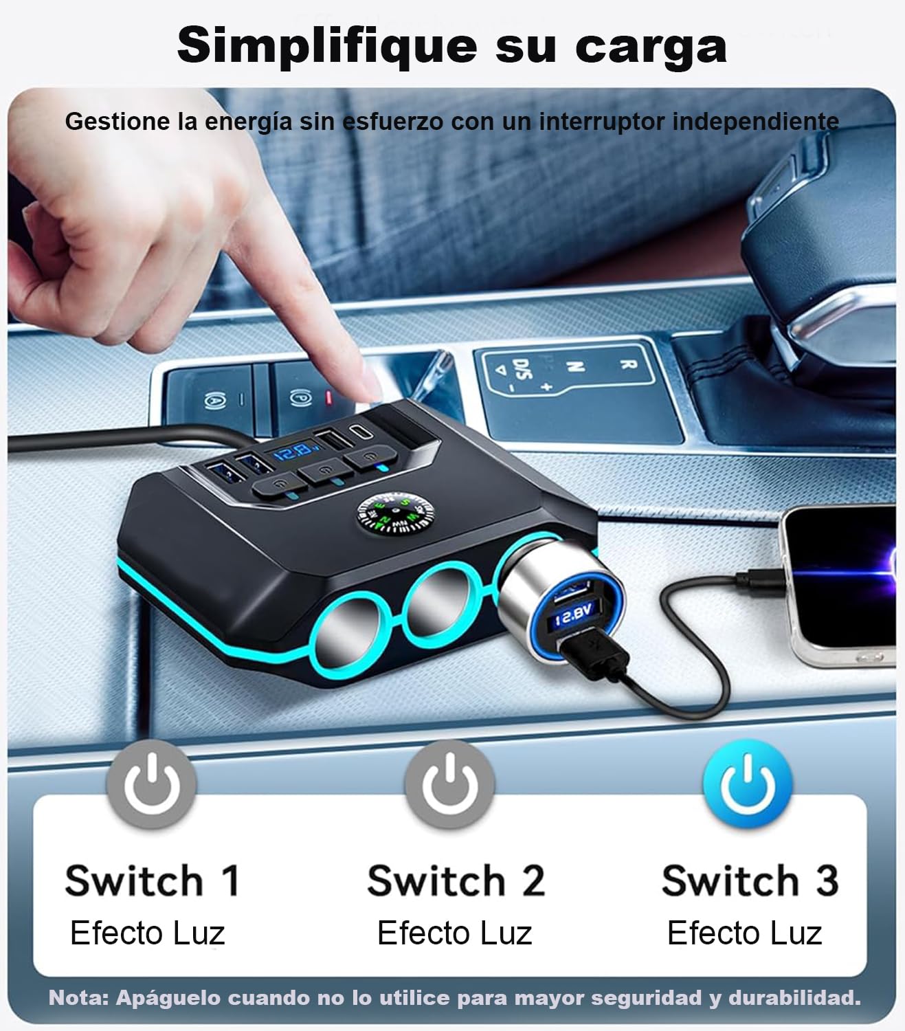 HXIIY Divisor de Enchufe para Encendedor de Cigarrillos de Coche, Multifuncional con Protección contra Sobretensión, Salida USB Tipo C para Teléfonos Tabletas, Cargador de Coche Multifuncional