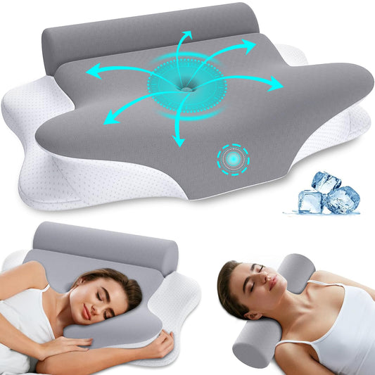 Almohada Cervical y Almohadas Cilíndrica - 2 en 1, Almohada Ortopédica Desmontable para Aliviar el Dolor de Cuello, con Soporte para Dormir de Lado, Boca Arriba y Abajo, de Espuma Viscoelástica