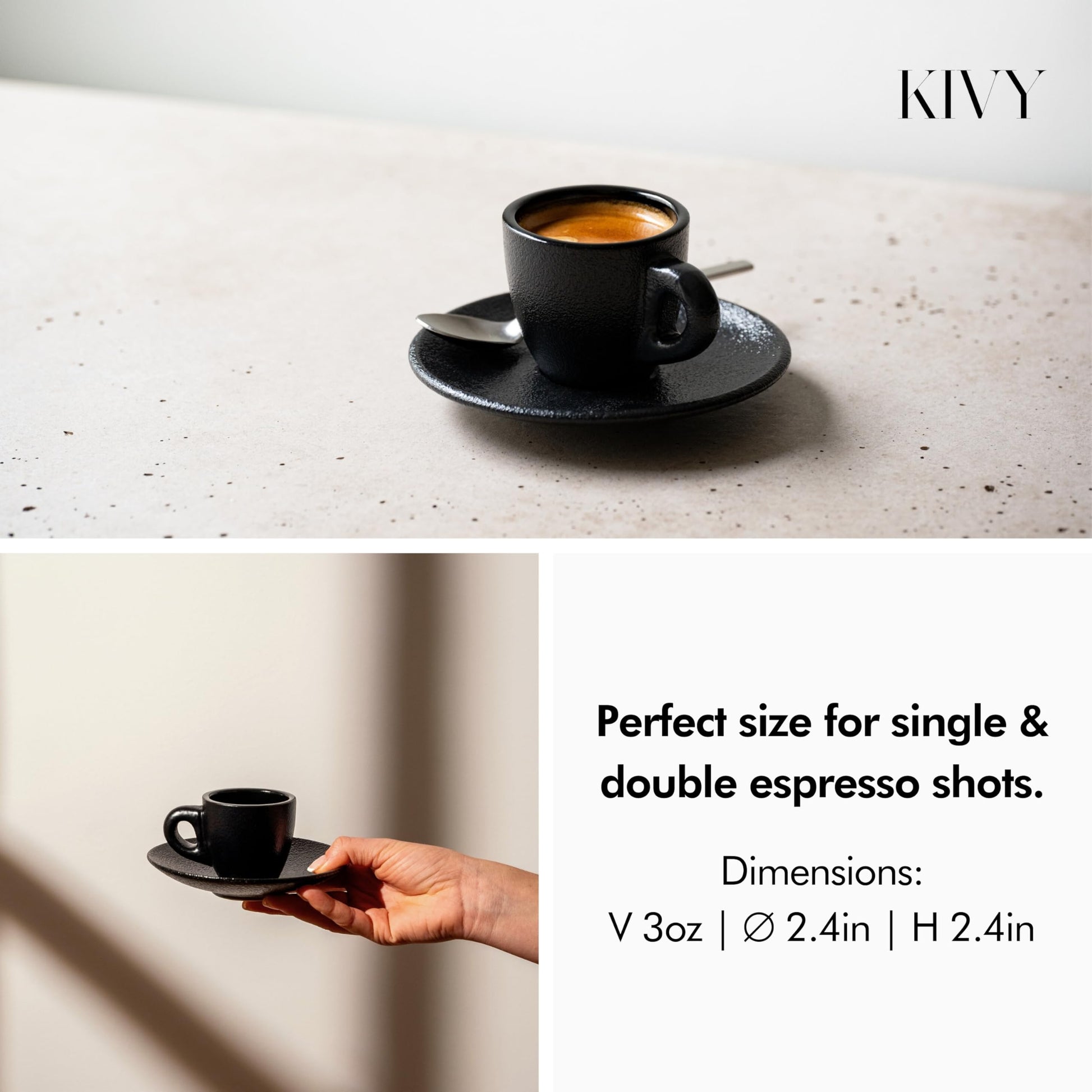 KIVY - Juego de 4 tazas de café expreso de 3 onzas, tazas y platillos de gres de pared gruesa estilo italiano, tazas negras demitasse con platillos