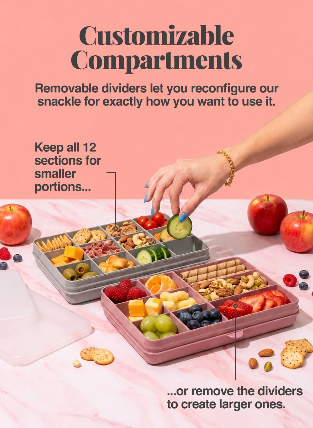 Melii Snackle Box | Contenedor de aperitivos dividido de 12 compartimentos, almacenamiento de alimentos sin BPA, divisores extraíbles, perfecto para botanas de niños, artes y manualidades, abalorio y