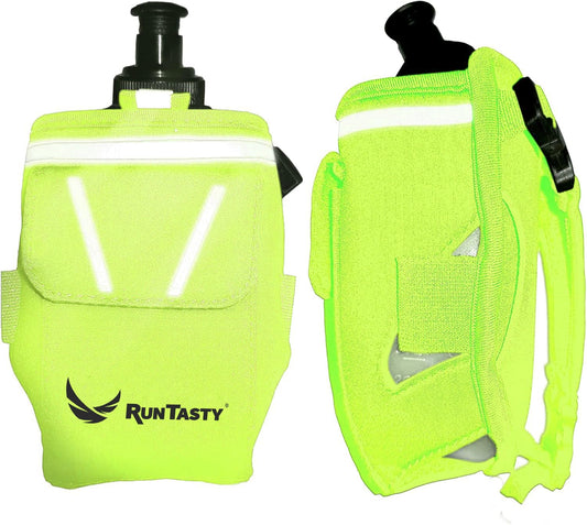 Botella de agua y cinturón 2 en 1 Running Fun Green de mano de 12 onzas, correa a mano o deslizarse en el cinturón, bolsillo impermeable para dinero, llave, identificación, maximiza tu tiempo,