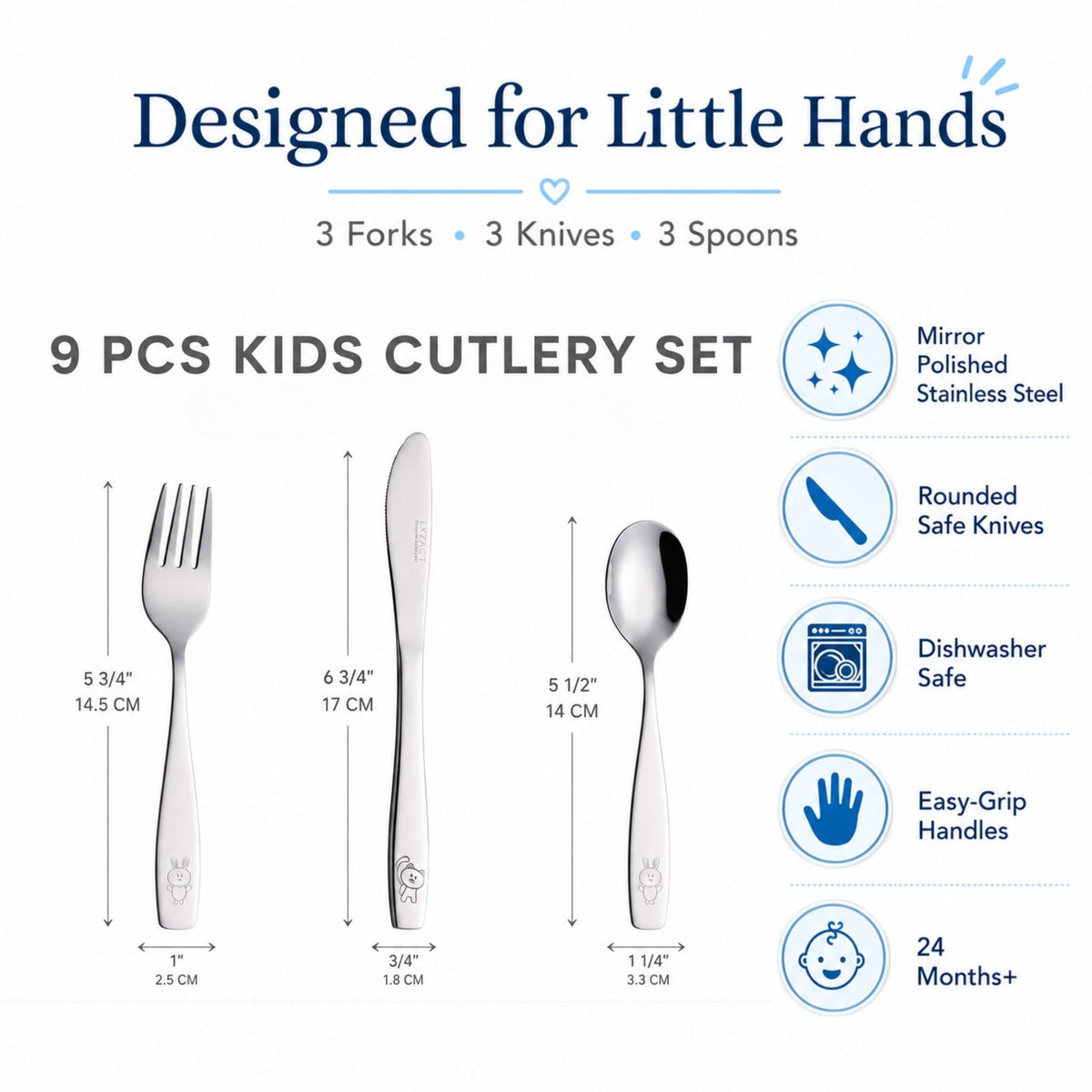 Exzact Children's Flatware 9 Pieces Set - Stainless Steel Cutlery/Silverware 3 x Safe Forks, 3 x Table Knife, 3 x Tablespoons - Safe Kids Toddler Utensils Lunch Box (Engraved Dog Cat Bunny) (WF850-S9)