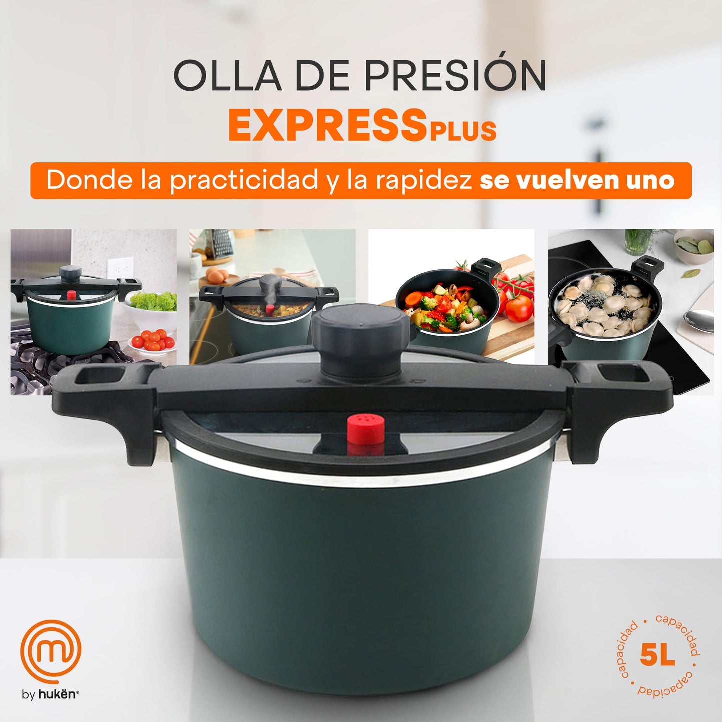 Olla de Presión MasterChef Hukën Express Plus Plata Alta Durabilidad 5L Anti-Adherente