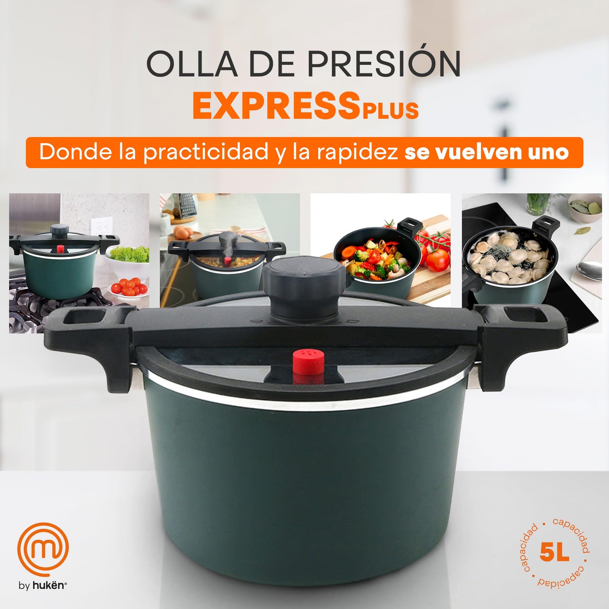 Olla de Presión MasterChef Hukën Express Plus Plata Alta Durabilidad 5L Anti-Adherente
