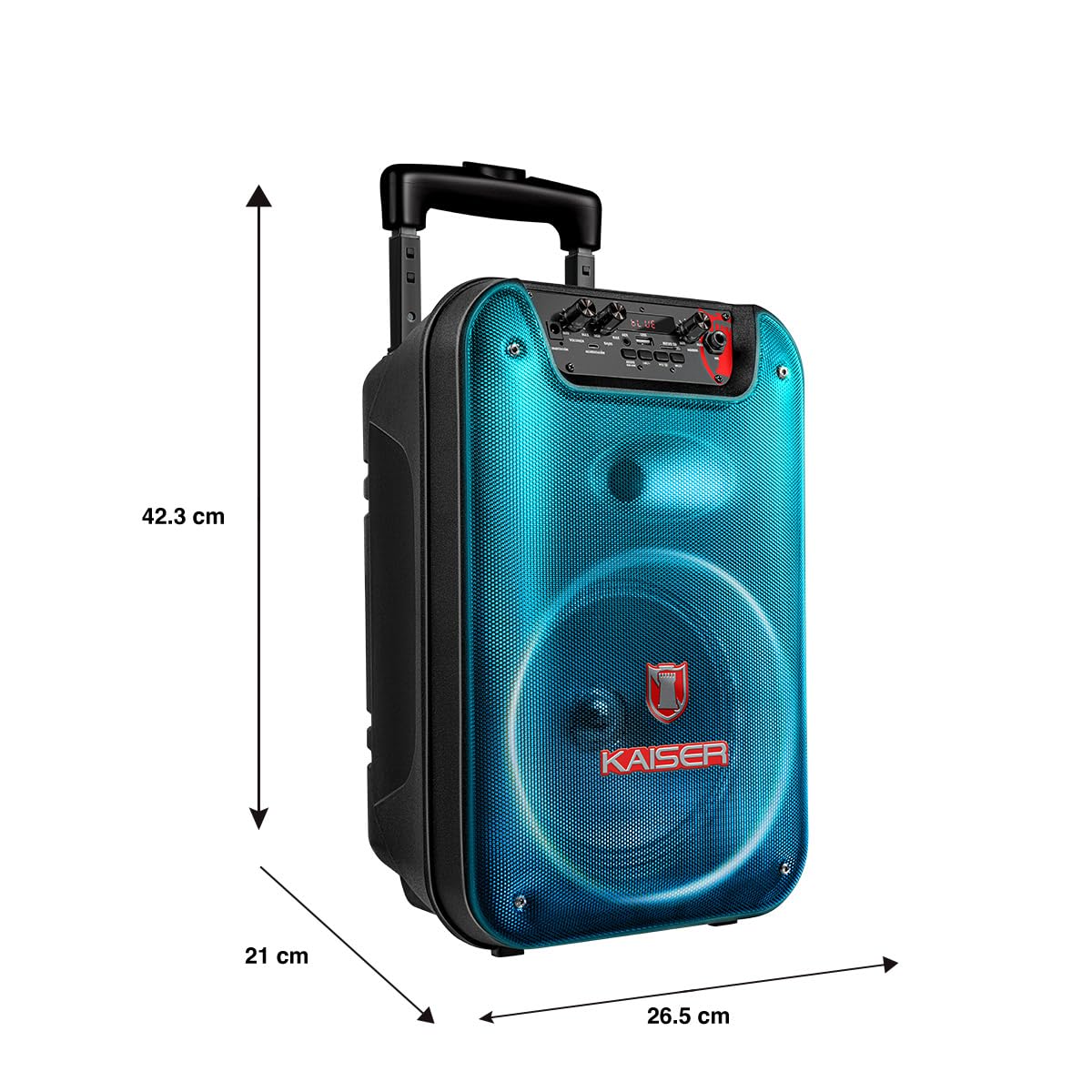 Bocina Bluetooth Tipo de 8 pulgdas con Luz Tipo Flama, KSR-Link, Recargable, Bluetooth, FM, USB, Micro SD, Micrófono Alámbrico, Trolley, Potencia de 20W RMS