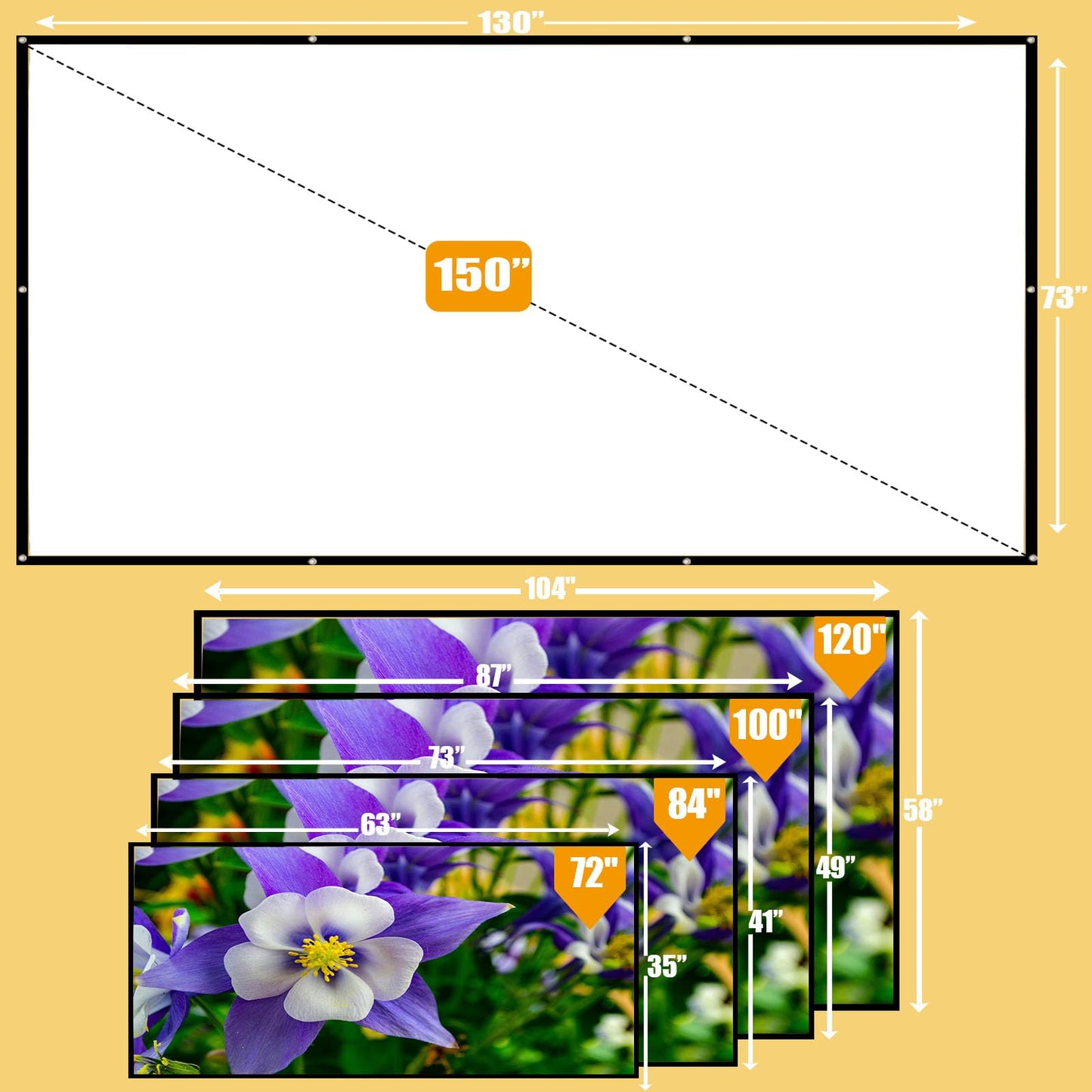 Pryznal - visualización de proyector plegable de 150 pulgadas, diseño de cuerda de 4 esquinas, portátil antiarrugas 16:9 HD para interiores y exteriores para camping, fiestas y cine en casa