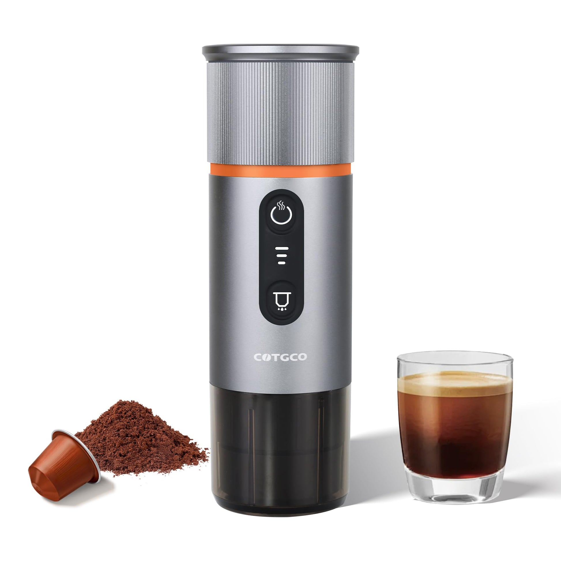 COTGCO - Cafetera portátil para viajes: cafetera portátil, autocalentamiento, haz 8 tazas de café de una sola carga, café en cualquier momento, compatible con cápsulas Nespresso, color gris