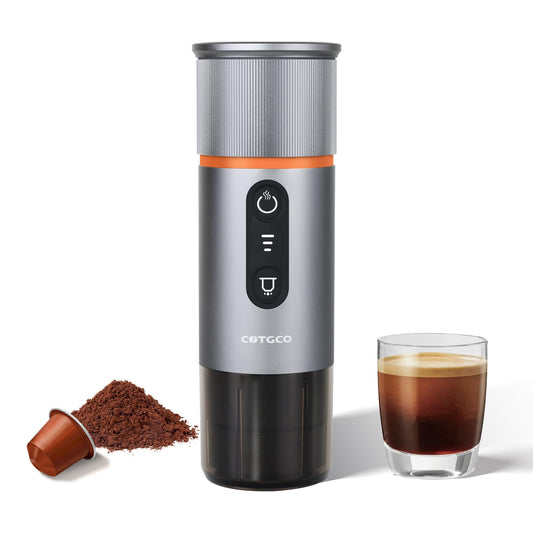 COTGCO - Cafetera portátil para viajes: cafetera portátil, autocalentamiento, haz 8 tazas de café de una sola carga, café en cualquier momento, compatible con cápsulas Nespresso, color gris