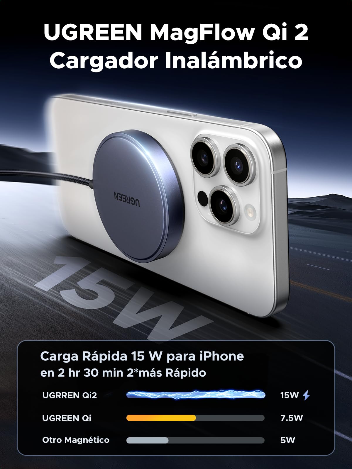 Cargador Inalámbrico UGREEN Qi2 15W Magsafe MagFlow para iPhone 16-12 y AirPods