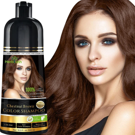 Herbishh - Champú colorante para cabello gris, champú con tinte natural para el cabello, colorea el cabello en minutos, dura hasta de 3 a 4 semanas, 500 ml, tinte de cabello 3 en 1, sin amoniaco | (marrón castaño)