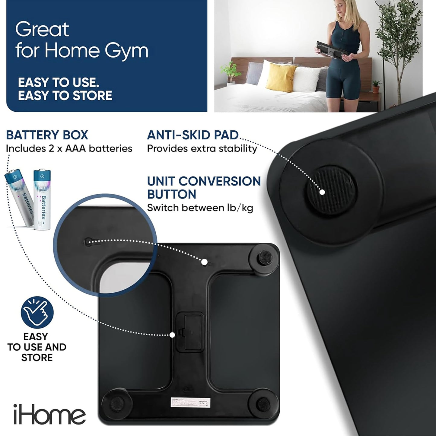 iHome - Báscula digital para baño con escala, báscula de peso corporal de alta precisión, 400 libras, funciona con batería con visualización LED, pilas incluidas, ideal para gimnasio en casa (negro)