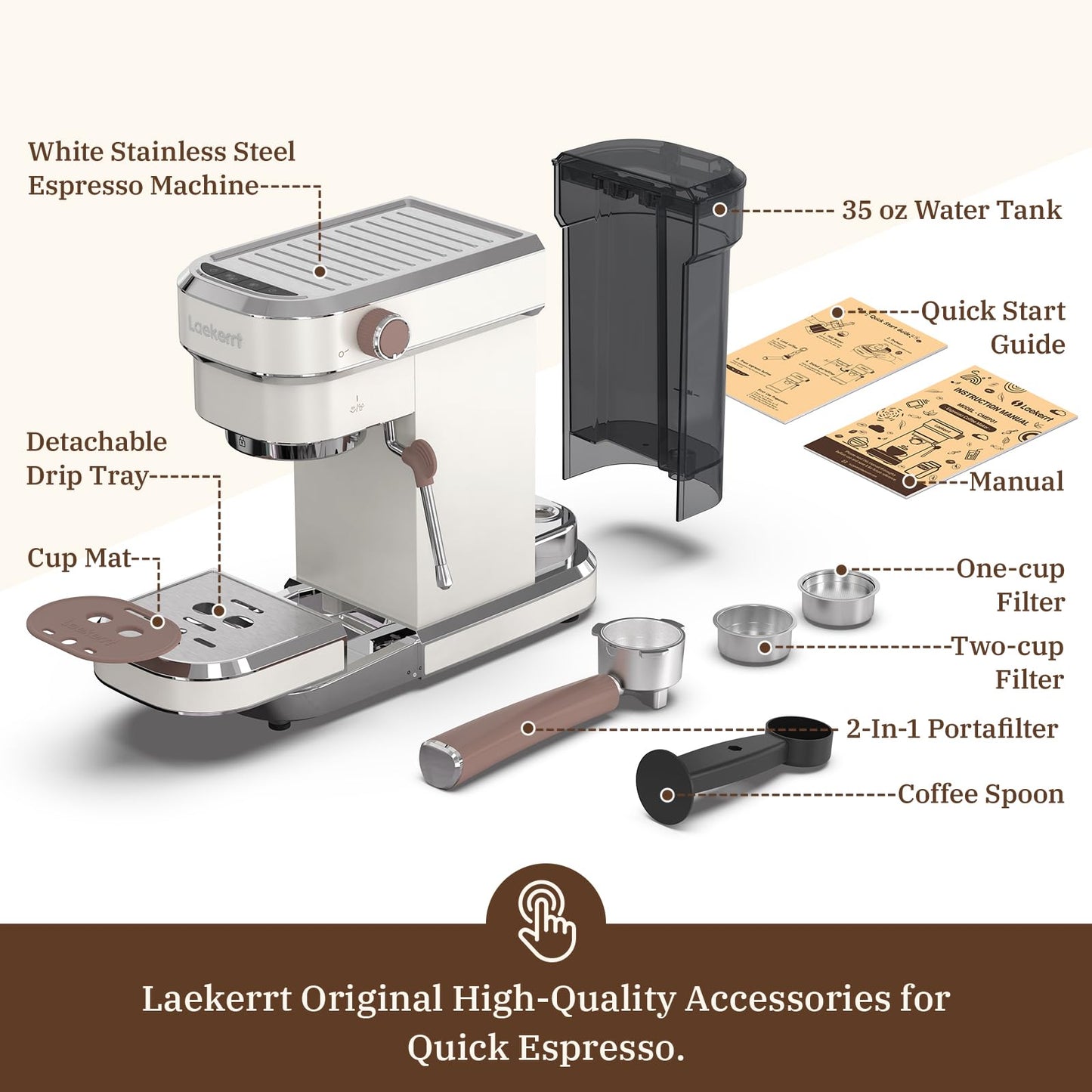 Máquina de café expreso Laekerrt, cafetera espresso de 20 bares con espumador de leche, cafetera pequeña compacta para café con leche y capuchino (blanco pera, acero inoxidable)