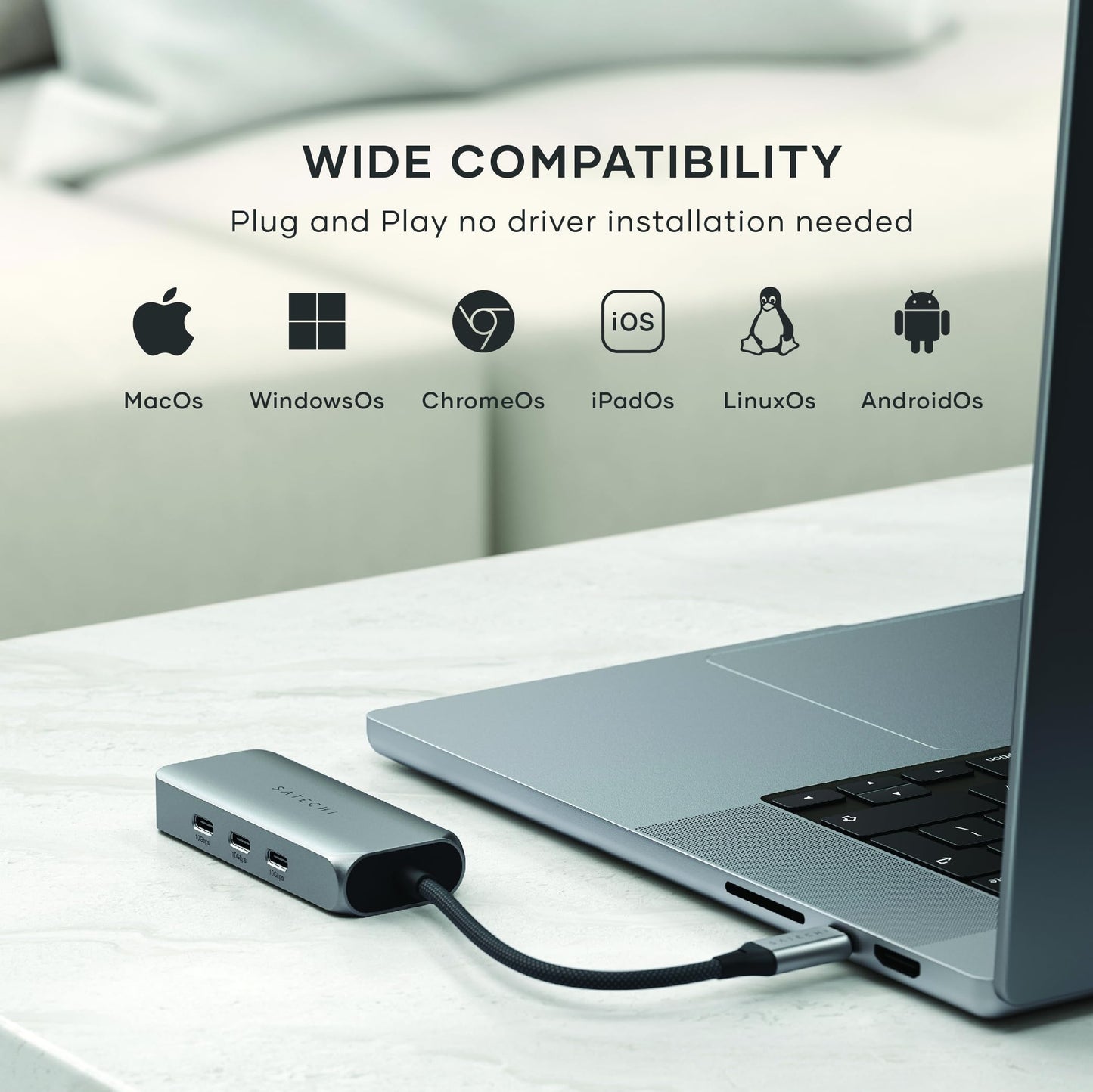 Adaptador Ethernet USB C SATECHI Plateado 4 en 1 con Velocidad de 2.5 Gigabit y 3 Puertos USB C 3.2 para Mac, iPad, Windows, Android, Chrome