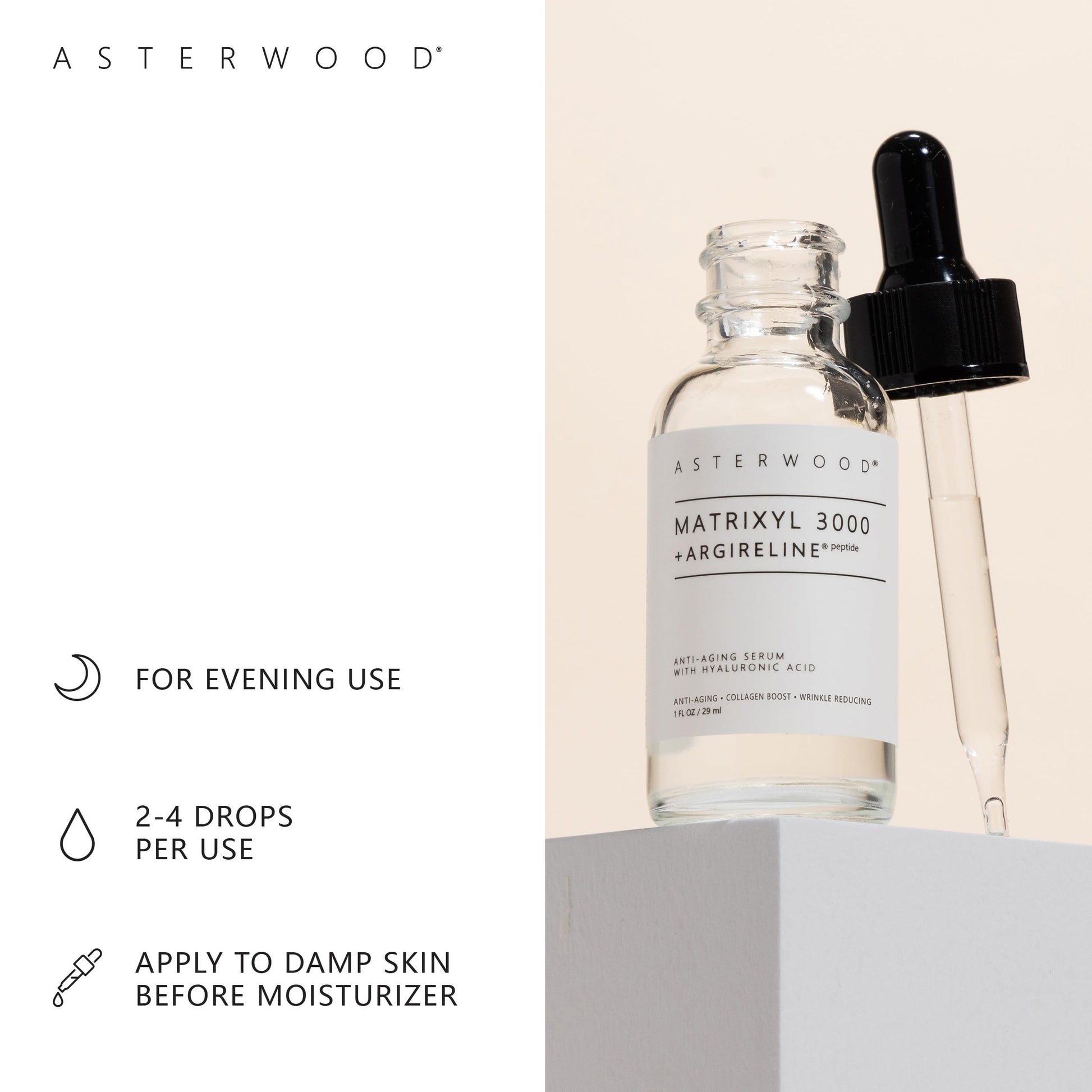Asterwood Naturals | MATRIXYL 3000 y ARGIRELINE | Peptide Serum con Ácido Hialurónico Orgánico | 1 oz