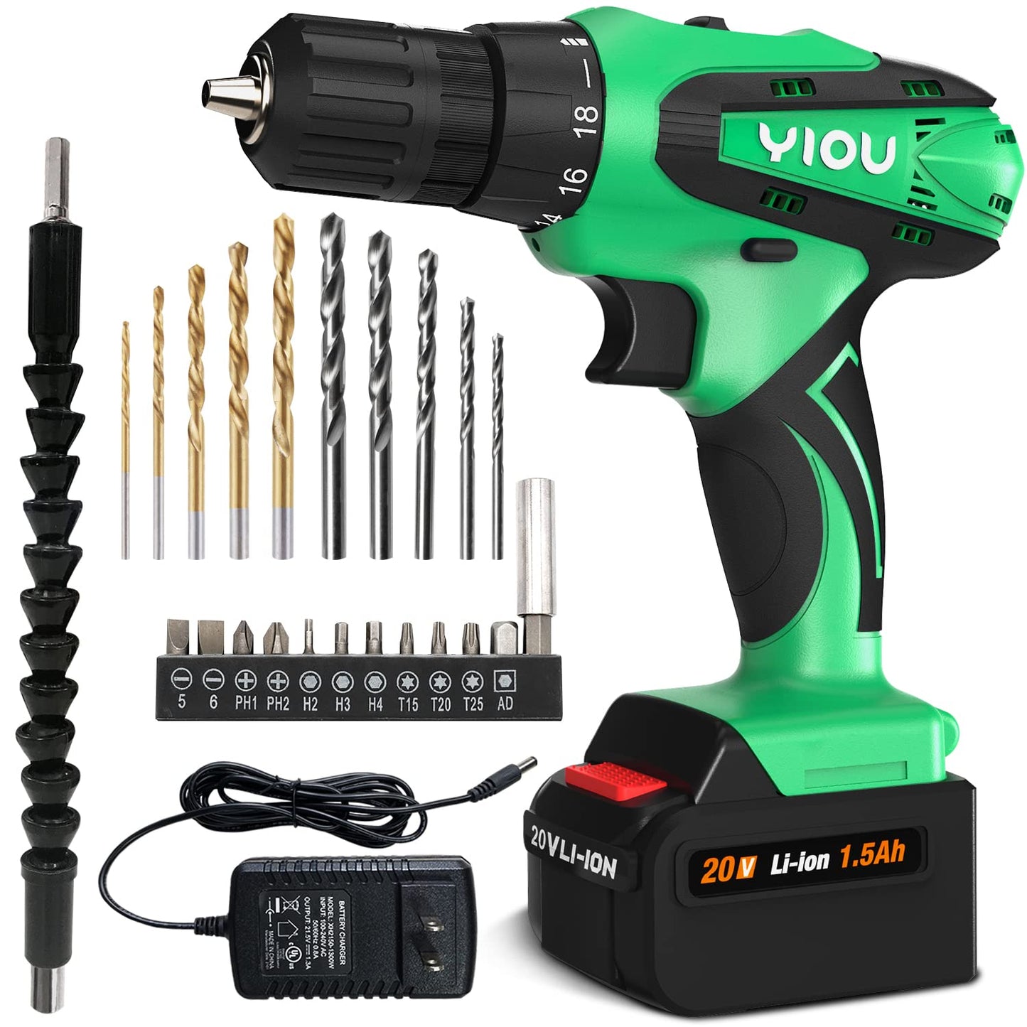 YIOU - Taladro inalámbrico de 20 V MAX, 18+1 embrague, 2 velocidades, 3/8 pulgadas, juego de brocas de 23 piezas, cargador de batería, verde, proyectos de bricolaje para el hogar