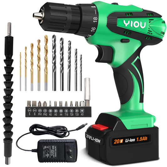 YIOU - Taladro inalámbrico de 20 V MAX, 18+1 embrague, 2 velocidades, 3/8 pulgadas, juego de brocas de 23 piezas, cargador de batería, verde, proyectos de bricolaje para el hogar