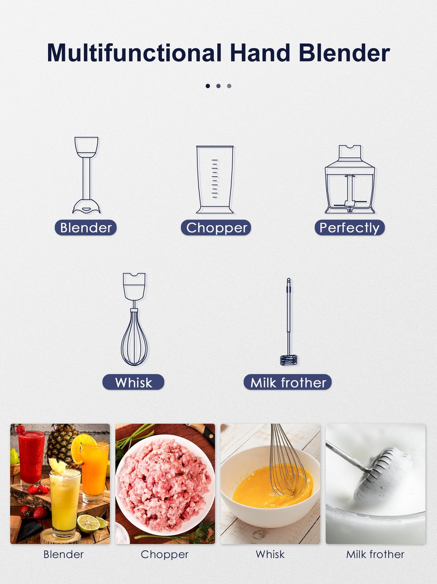 Licuadora de inmersión manual 5 en 1 – Licuadora de mano de 1000 W con motor de cobre, hoja de acero inoxidable, vaso de mezcla, procesador de alimentos, batidor, espumador de leche para batidos, puré
