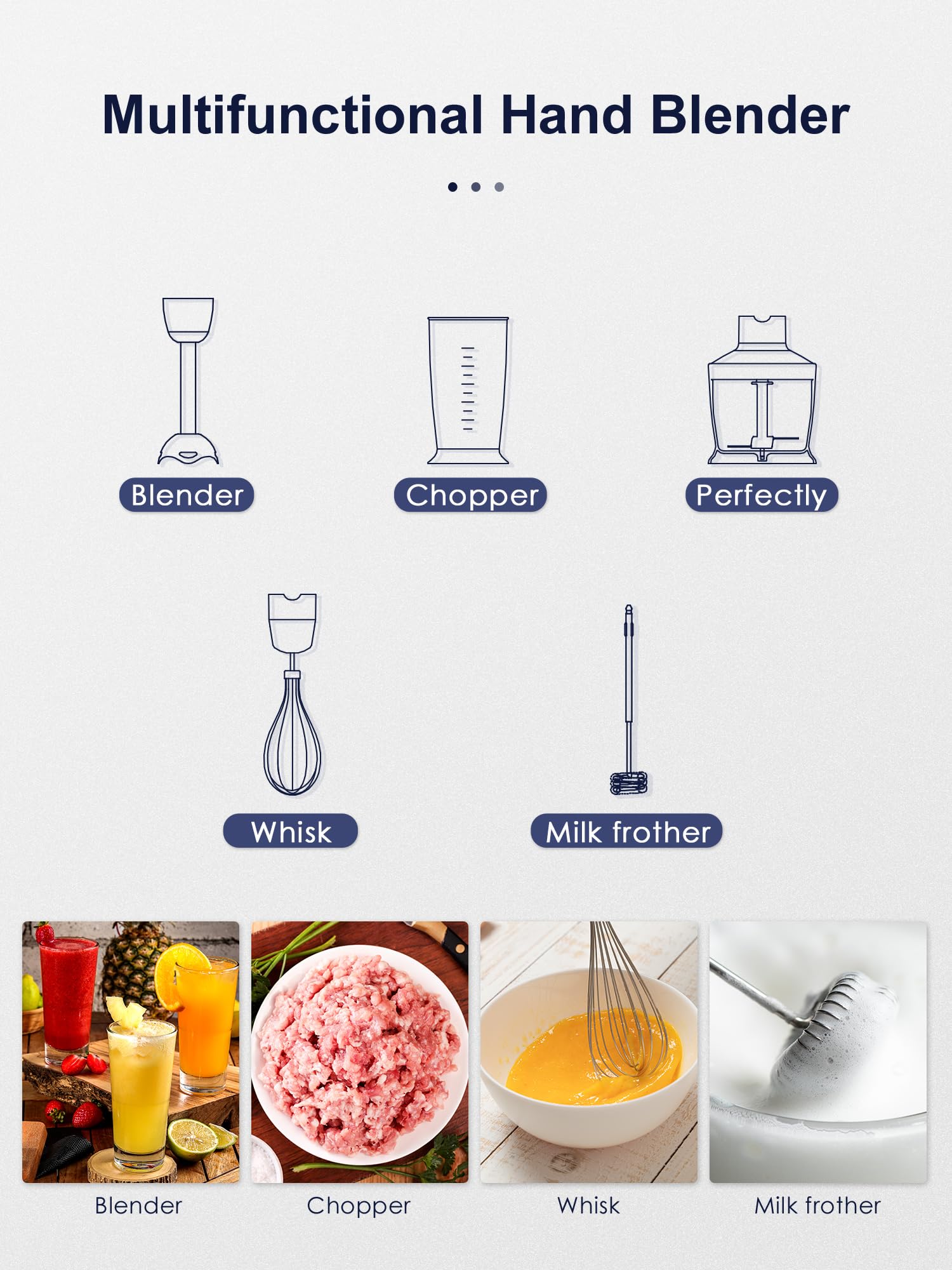 Licuadora de inmersión manual 5 en 1 – Licuadora de mano de 1000 W con motor de cobre, hoja de acero inoxidable, vaso de mezcla, procesador de alimentos, batidor, espumador de leche para batidos, puré