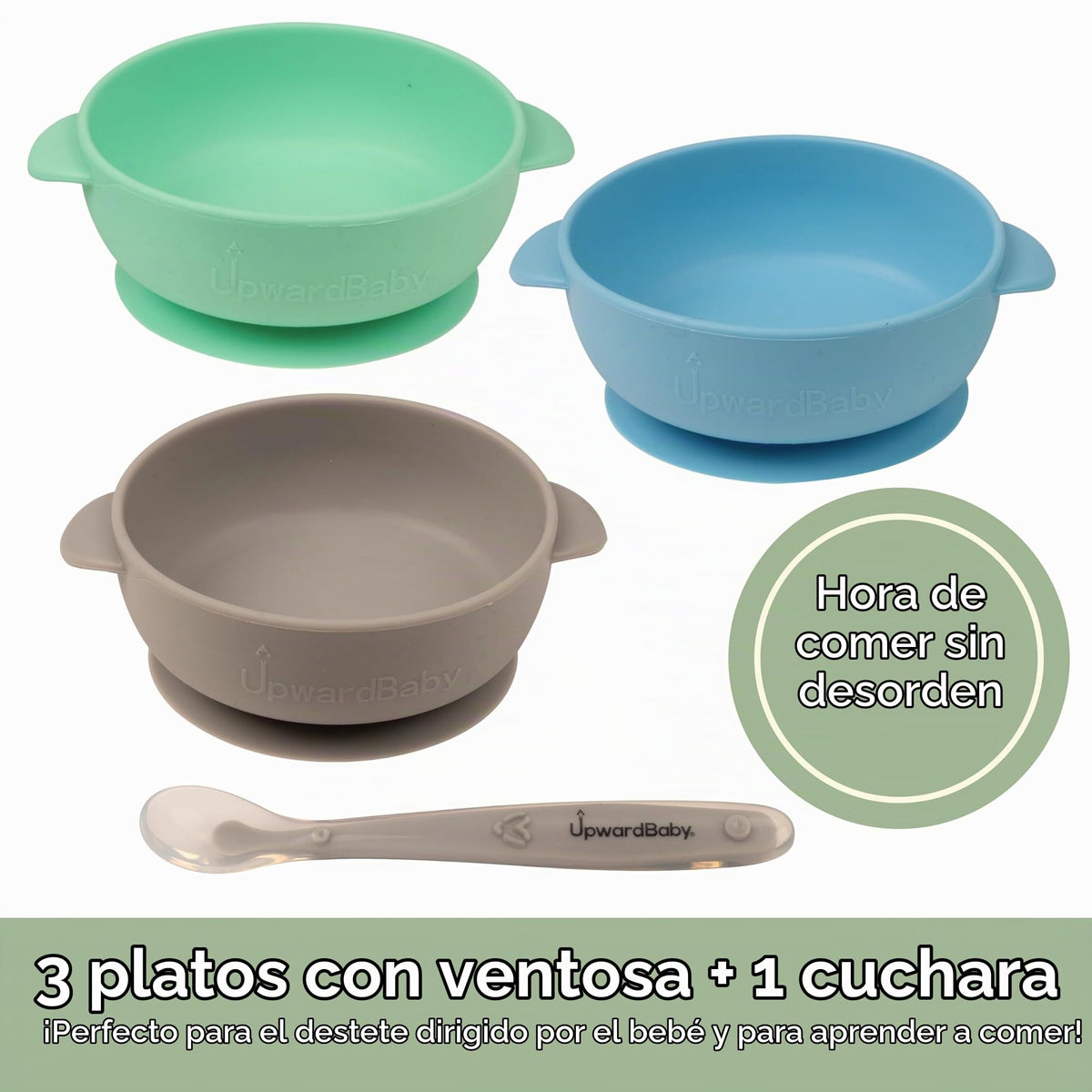 UpwardBaby - Juego de cucharas de silicona autoalimentables, 4 piezas, cuencos y cucharas de succión multicolores, sin BPA, apto para microondas y lavaplatos, cuencos para bebés con succión