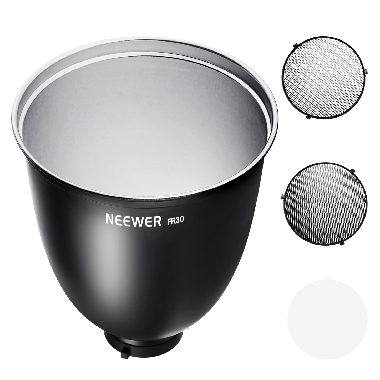 NEEWER 11,6"/29,5cm Soporte Bowens Reflector Enfoque Profundo con 15°/30° Honeycomb Grids y Tela Suave, 45° Pantalla Difusor Compatible con Godox Estudio Strobe Flash Luz Speedlite, FR30