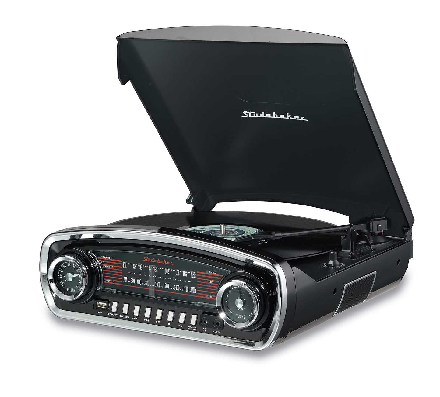 Studebaker - Tocadiscos de 3 velocidades con control de tono, con receptor Bluetooth, radio estéreo AM/FM, ranura USB para reproducción de MP3, conectores para audífonos y auxiliar (negro)