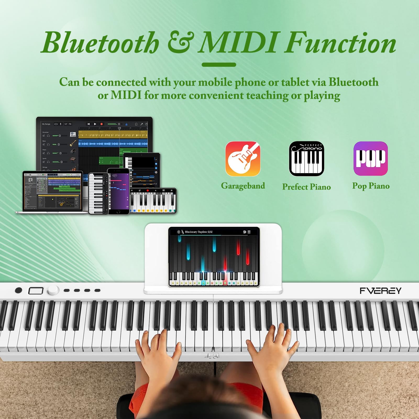 FVEREY Teclado de piano plegable de 88 teclas, teclado semipesado de tamaño completo, teclado musical portátil de piano de viaje, soporte MIDI Bluetooth piano eléctrico para principiantes, blanco