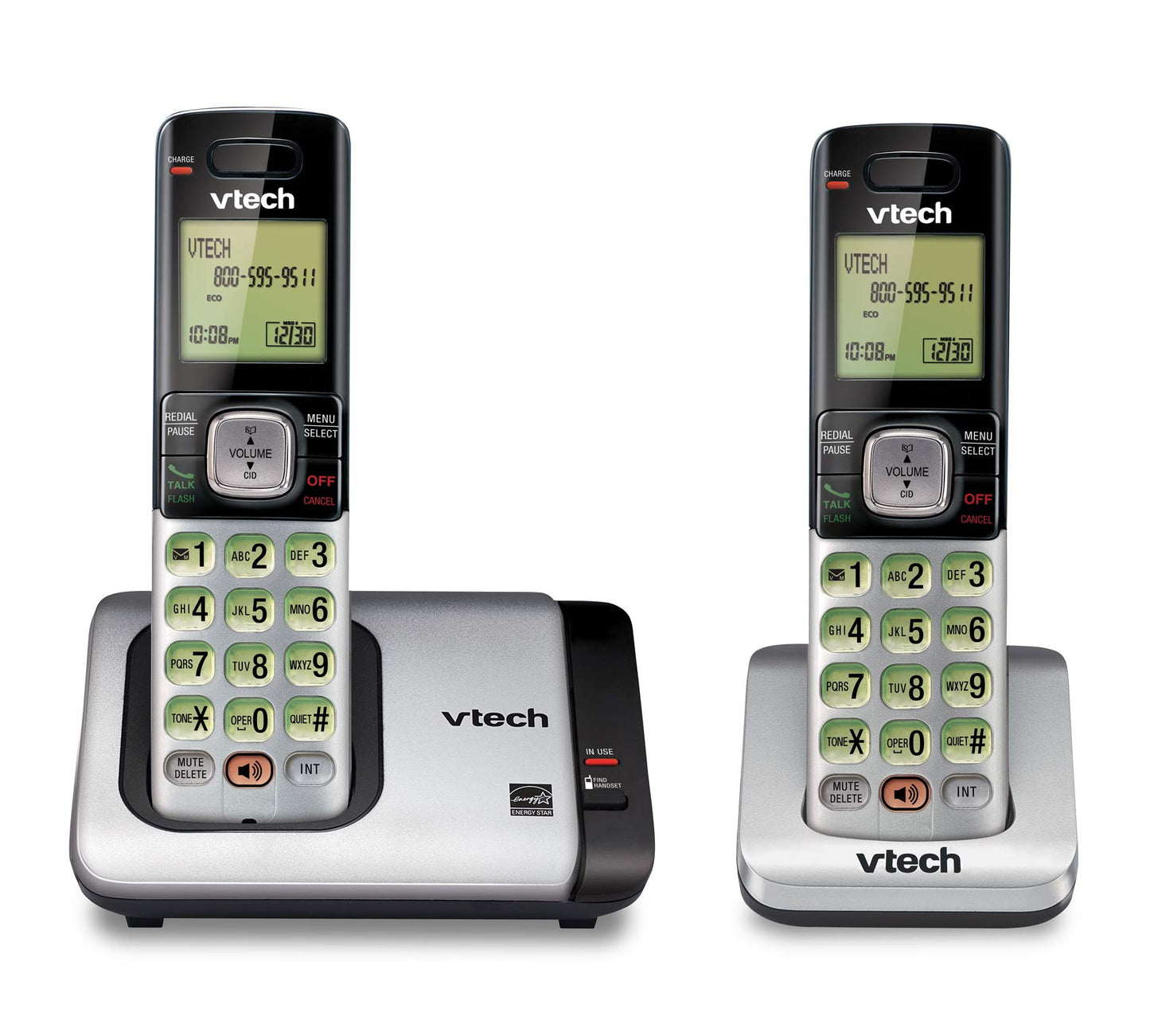 Teléfono Vtech DECT 6.0 con base para identificación de llamadas y llamada en espera, Plateado/Negro