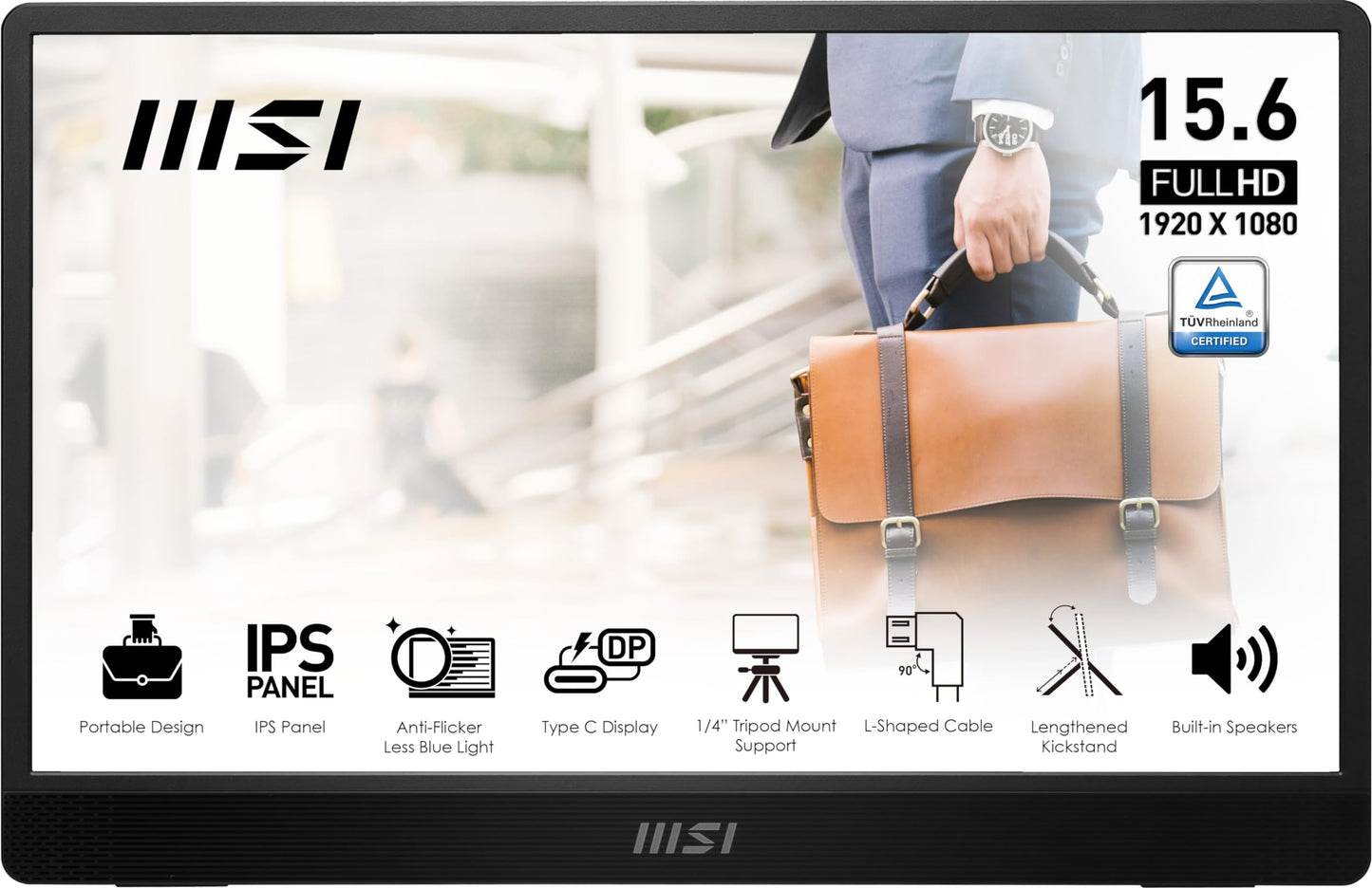 MSI Pro MP161 E2 Monitor portátil, 15.6 pulgadas FHD IPS 1080p, USB tipo C, Mini-HDMI, altavoces integrados, perfecto para PC, Mac, PS5, PS4, Xbox, móvil, gris metal