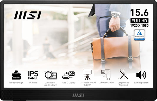 MSI Pro MP161 E2 Monitor portátil, 15.6 pulgadas FHD IPS 1080p, USB tipo C, Mini-HDMI, altavoces integrados, perfecto para PC, Mac, PS5, PS4, Xbox, móvil, gris metal